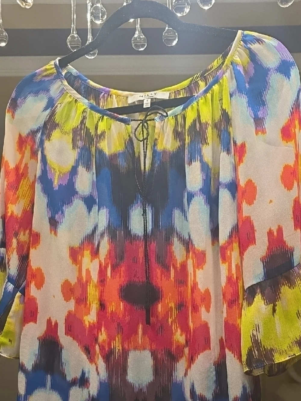 Milly Oversized S Multicolor Ikat-Print Peasant Blouse Yellow, Blue, Pink, Coral